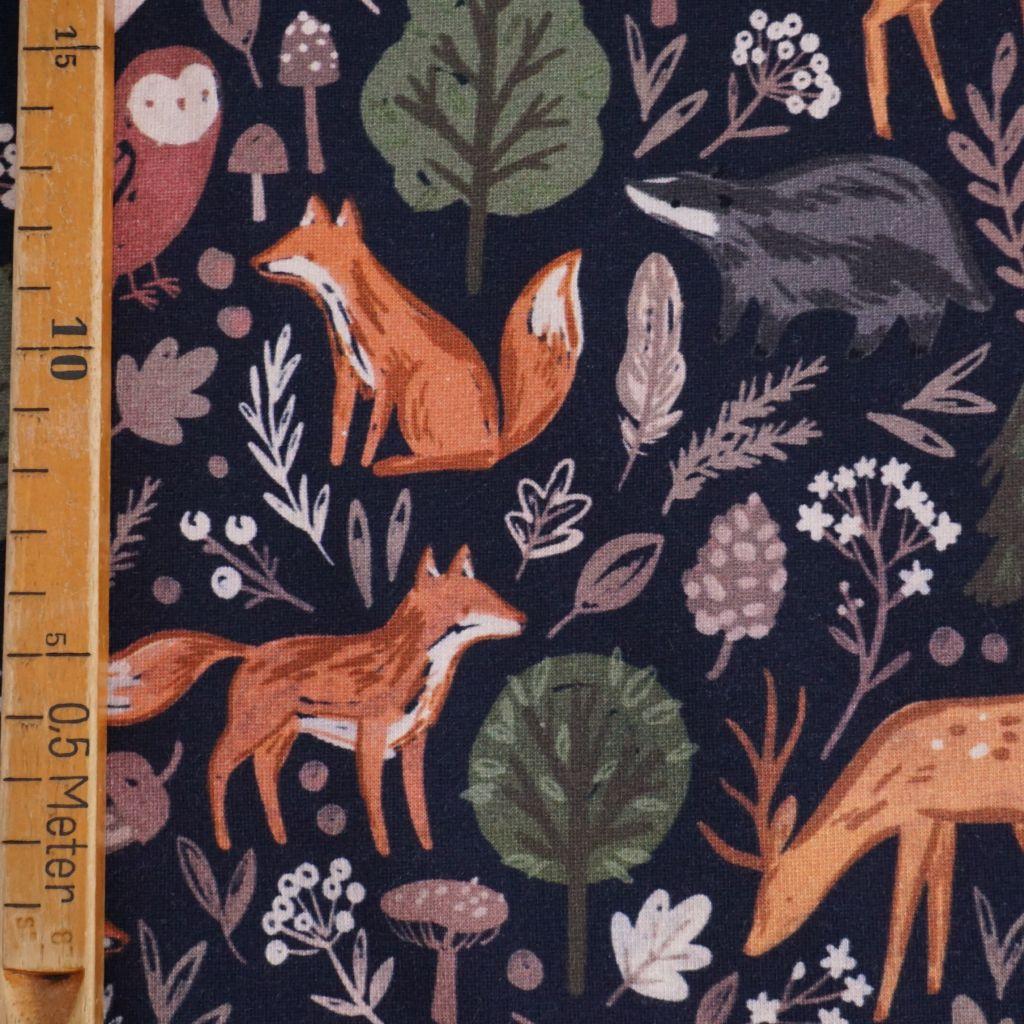 Stretch-Sweat leicht Waldtiere Eule Fuchs Reh dunkelblau